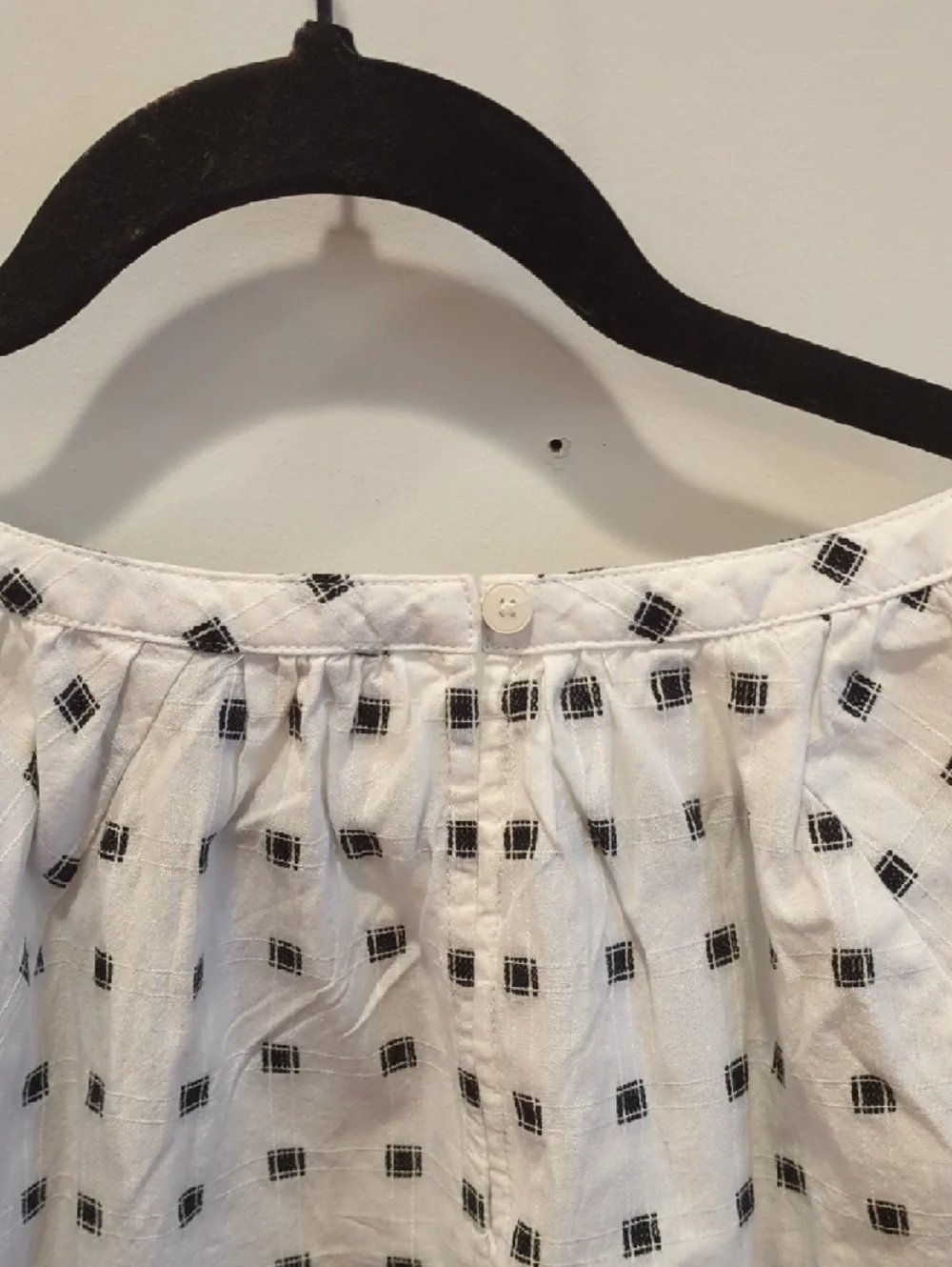LOFT White Blouse Black Square Dot Embroidery Medium Whimsy Boho Cottage Summer